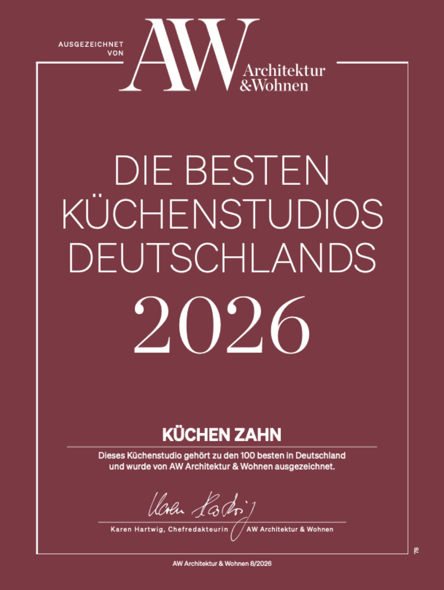 Urkunde AW Architektur & Wohnen 2026: Küchen Zahn gehört zu den 100 besten Küchenstudios Deutschlands